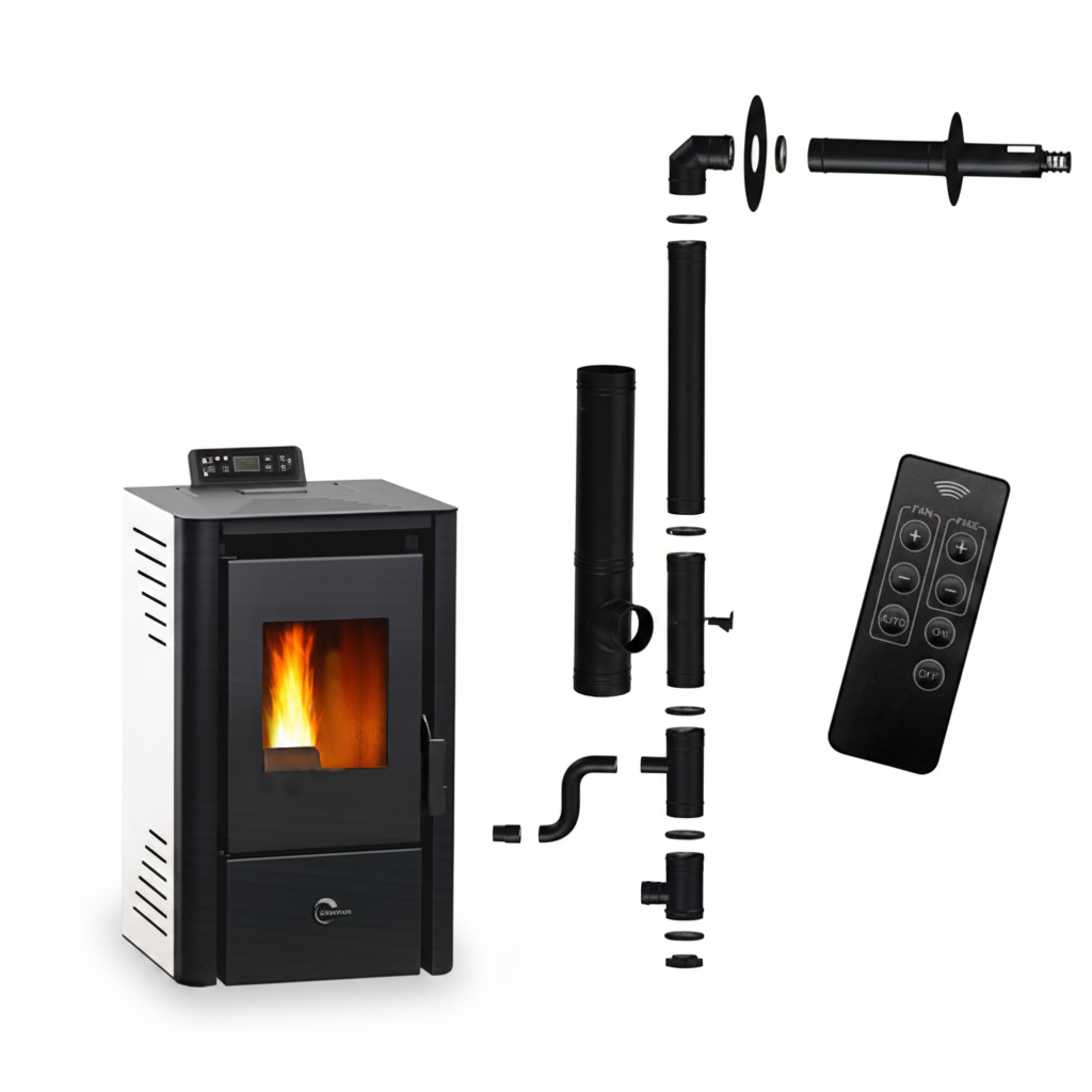 Poêle à Granulés Étanche  9,4 kW Blanc + Kit d’Installation Ø80/125