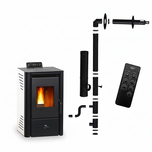 Poêle à Granulés Étanche  9,4 kW Blanc + Kit d’Installation Ø80/125